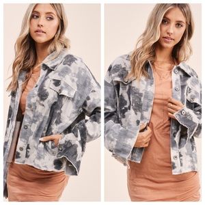 Last2️⃣ Spring Cropped Tie Dye Denim Jacket Grey Lightweight Button Jacket